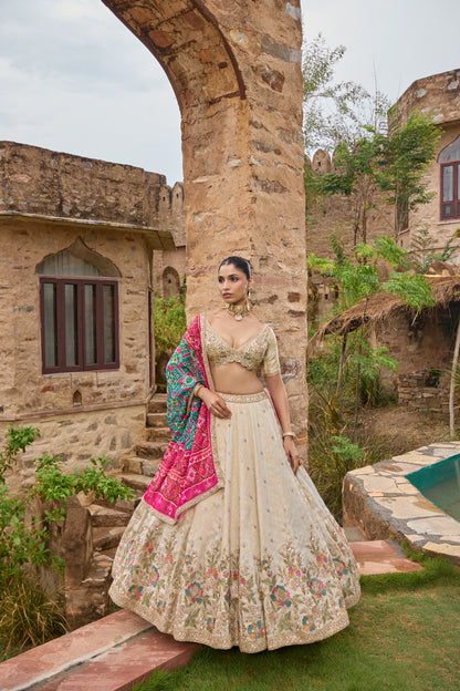 Maitri ivory lehenga, floral hem embroidery