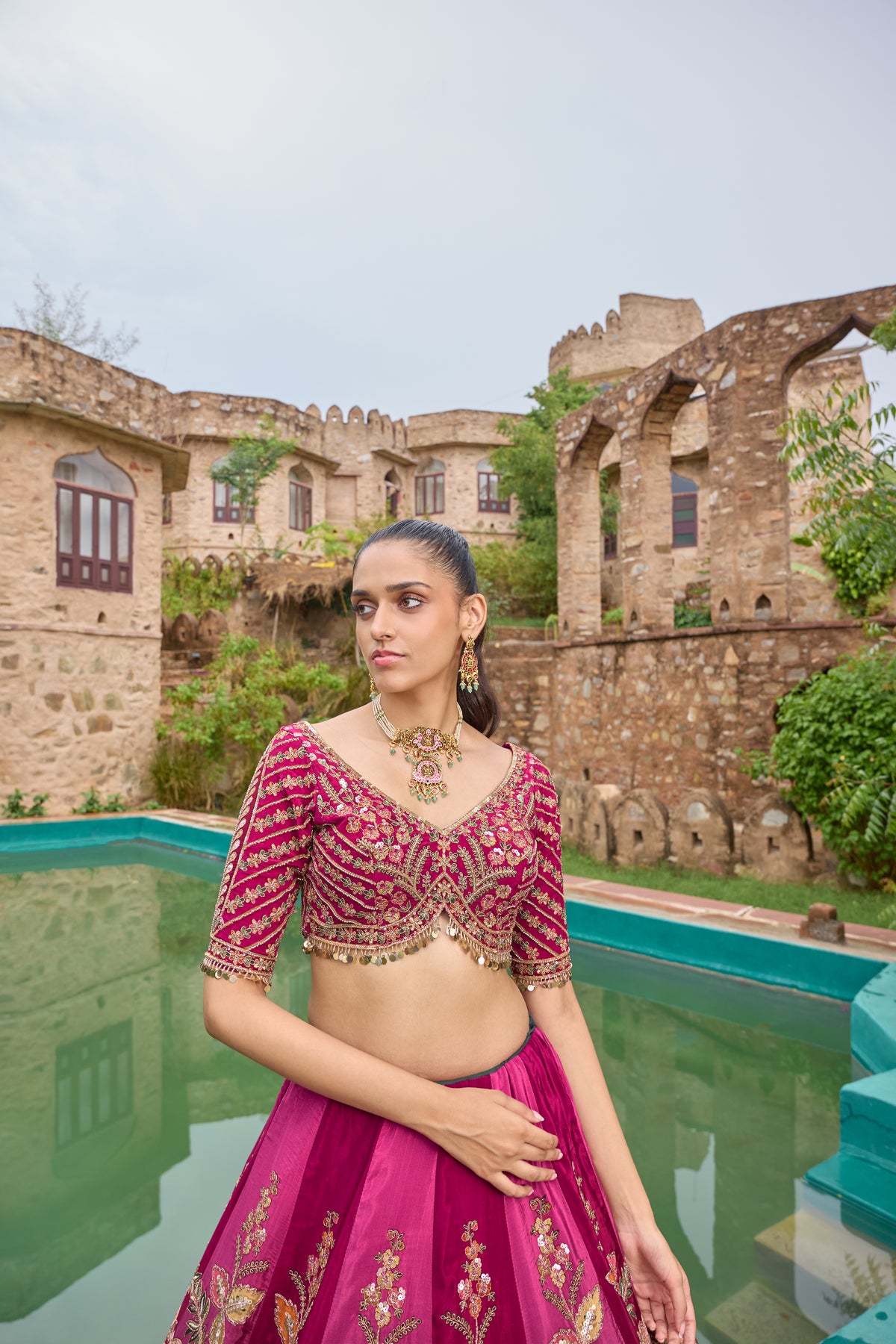 Manushri lehenga, embroidered blouse with coin fringe