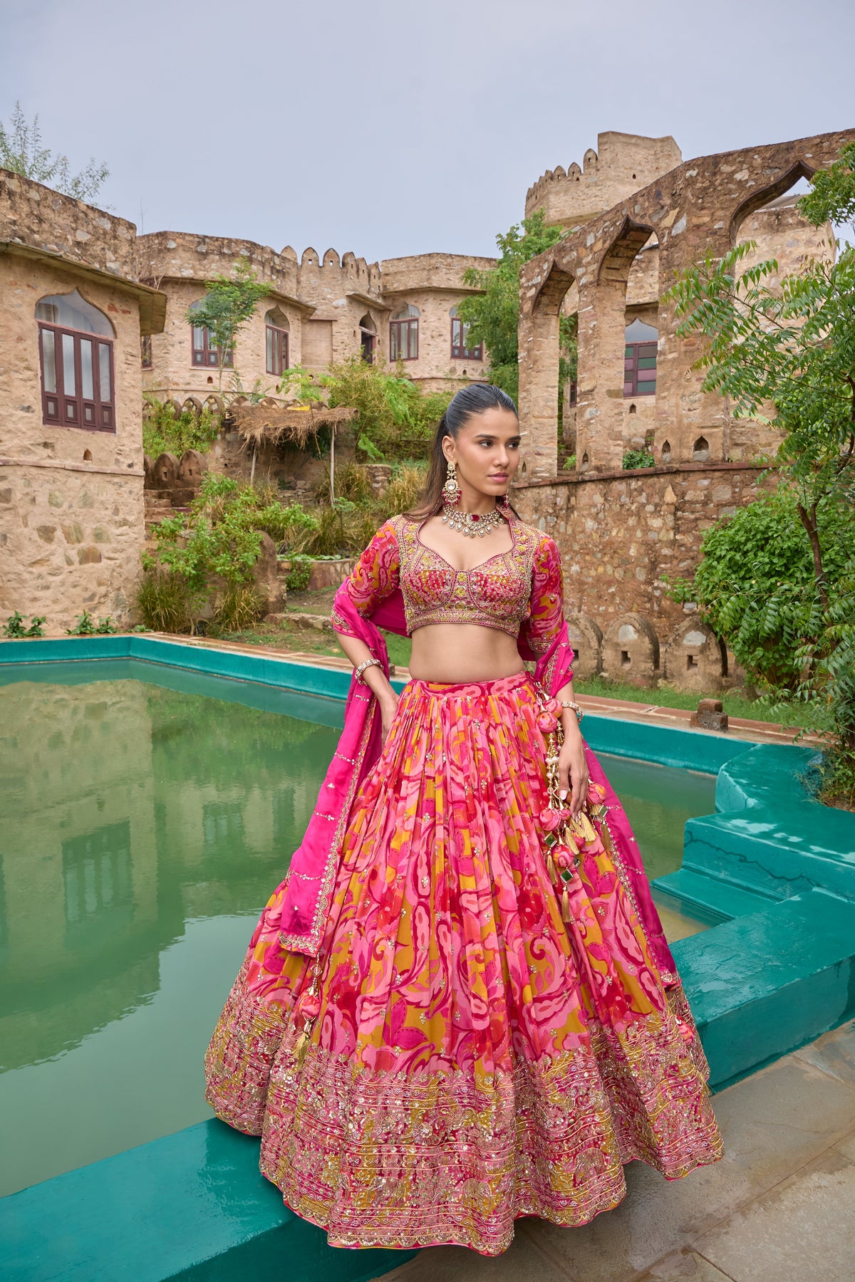 Maya coral and mustard printed lehenga set, front view