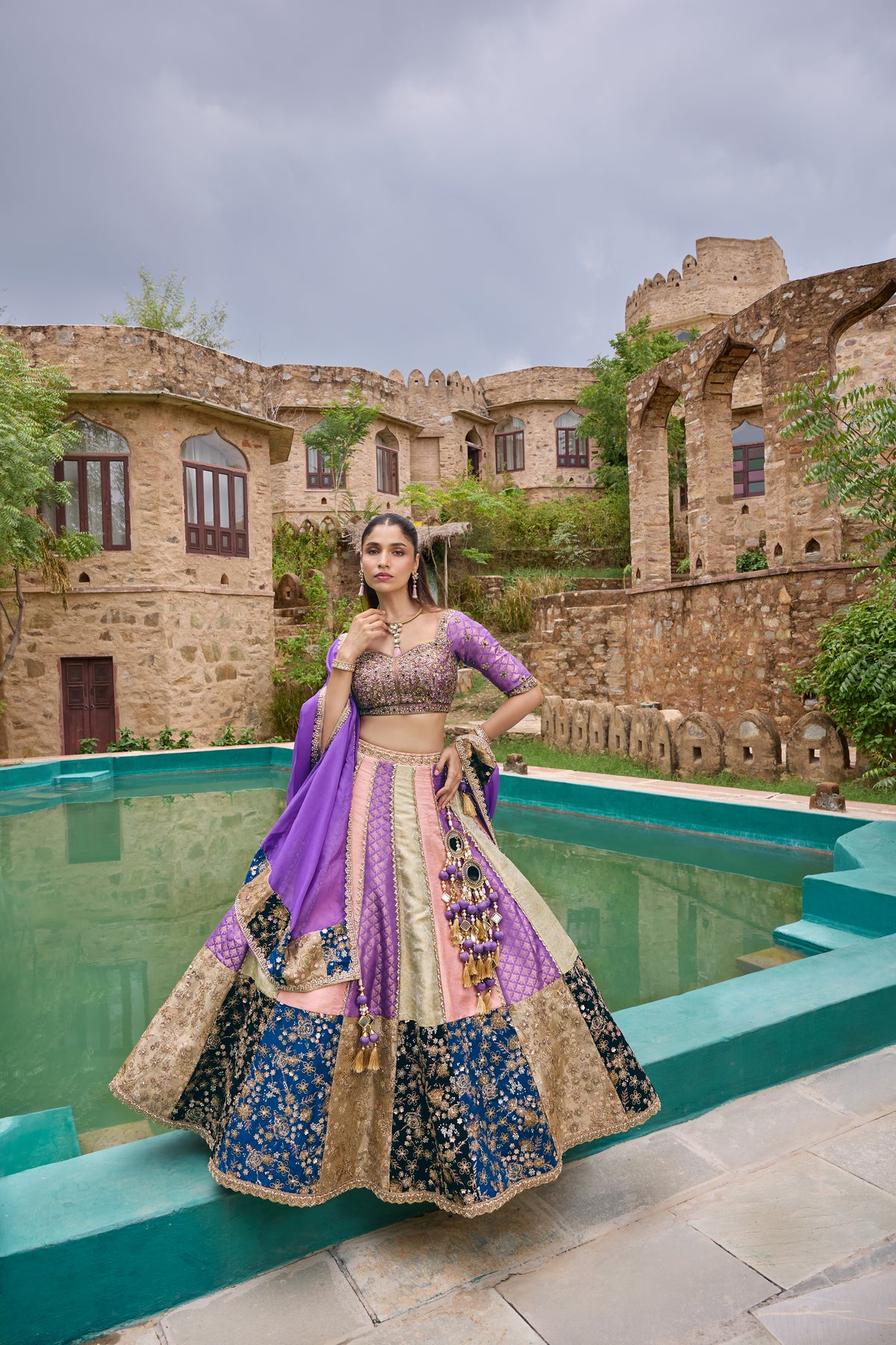 Meher panelled lehenga with lavender dupatta
