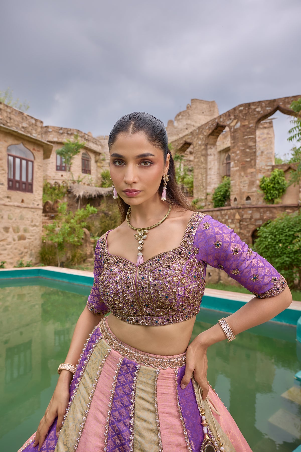 Meher lavender and blue panelled lehenga set, full length