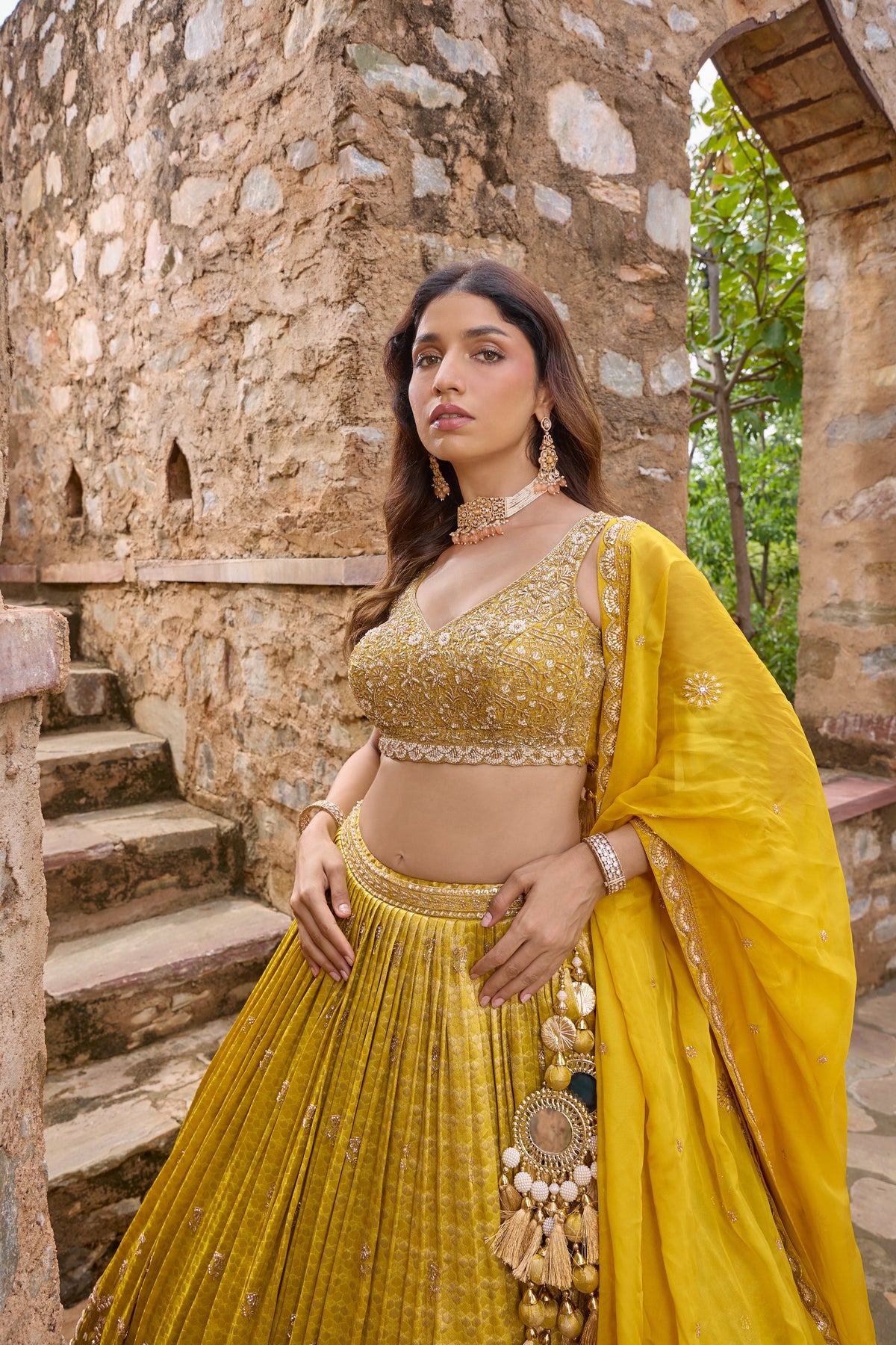 Miraya lehenga, gold embroidered blouse detail