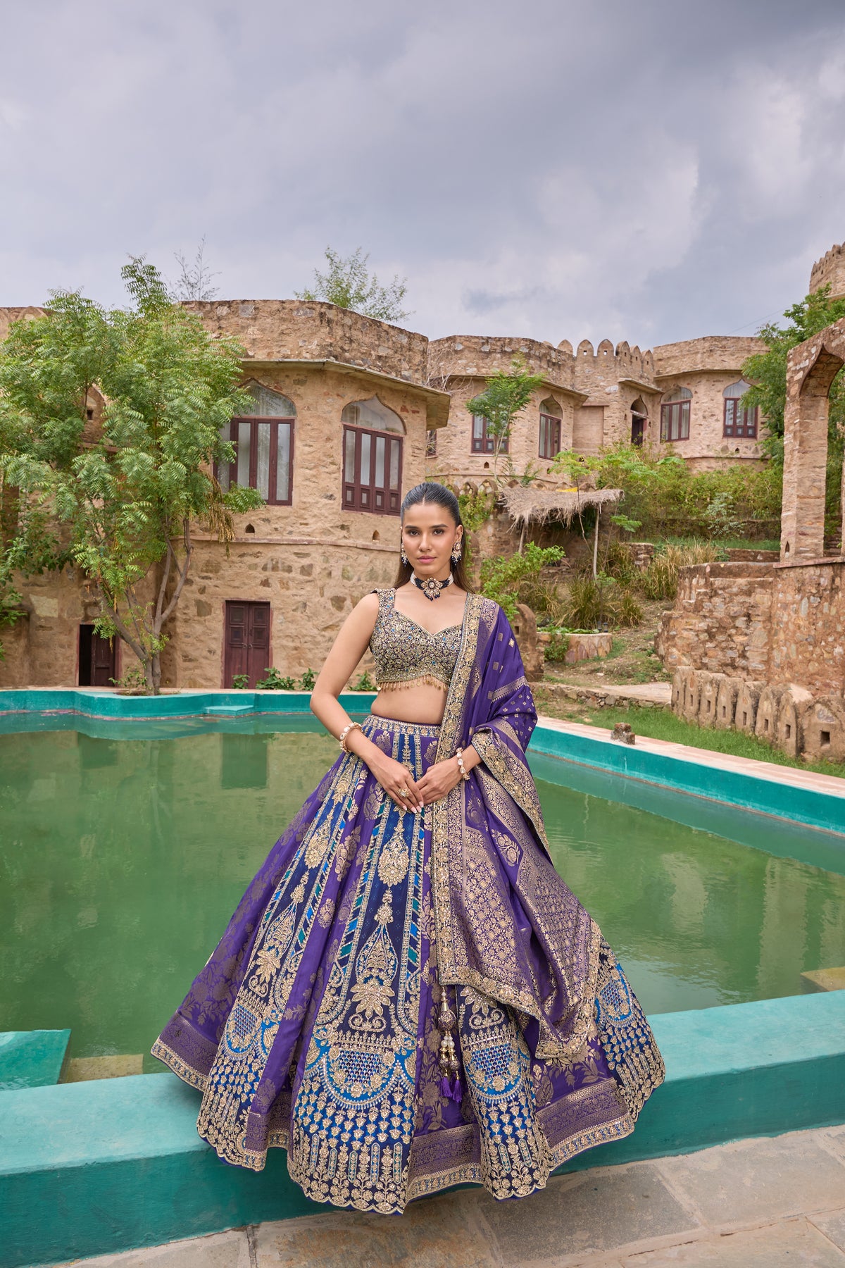 Mira violet banarasi zari lehenga set, full length
