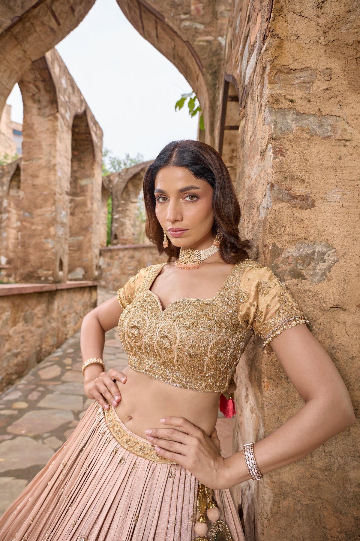 Mishika lehenga, gold embroidered blouse detail