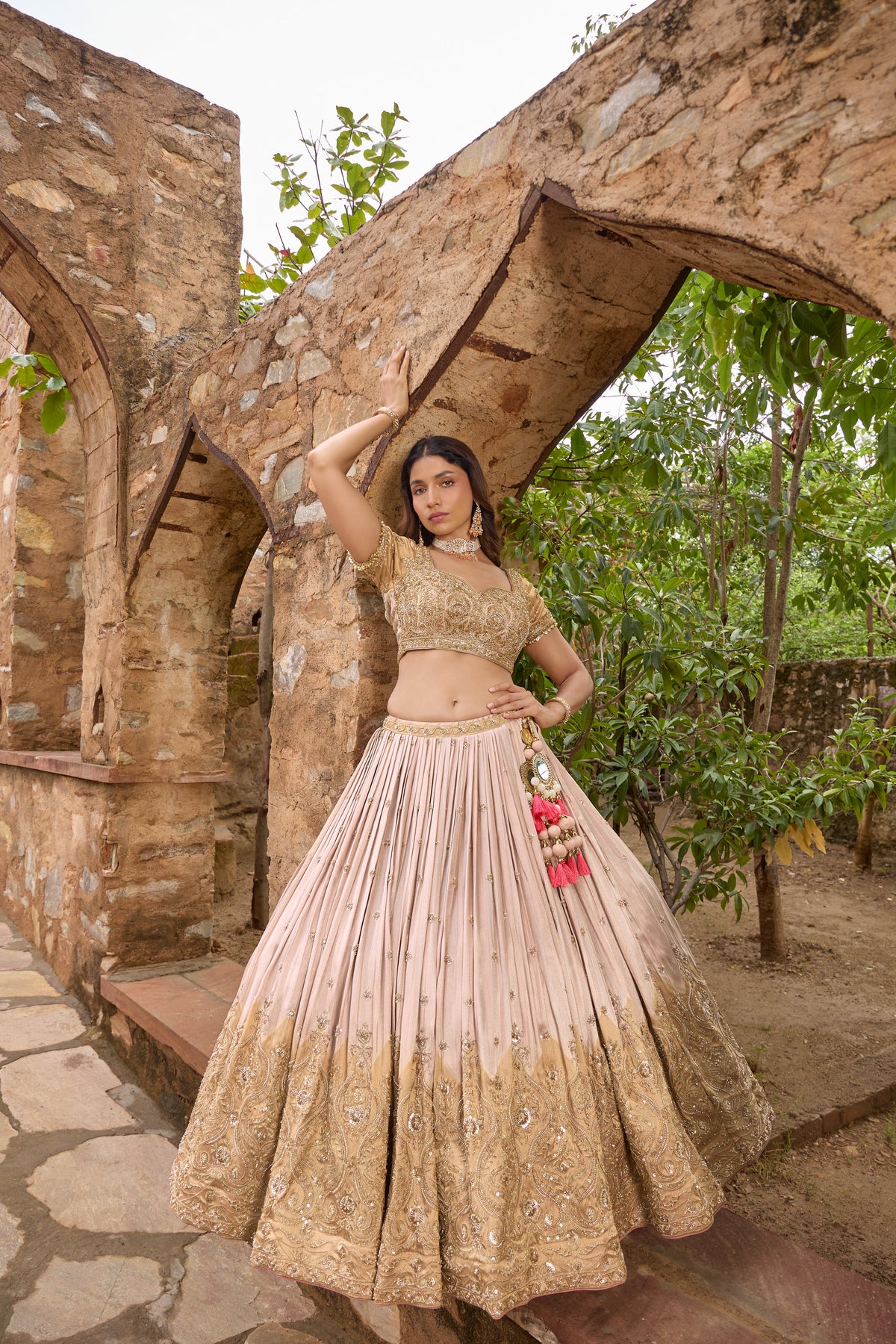 Mishika blush and gold ombre lehenga set, full length