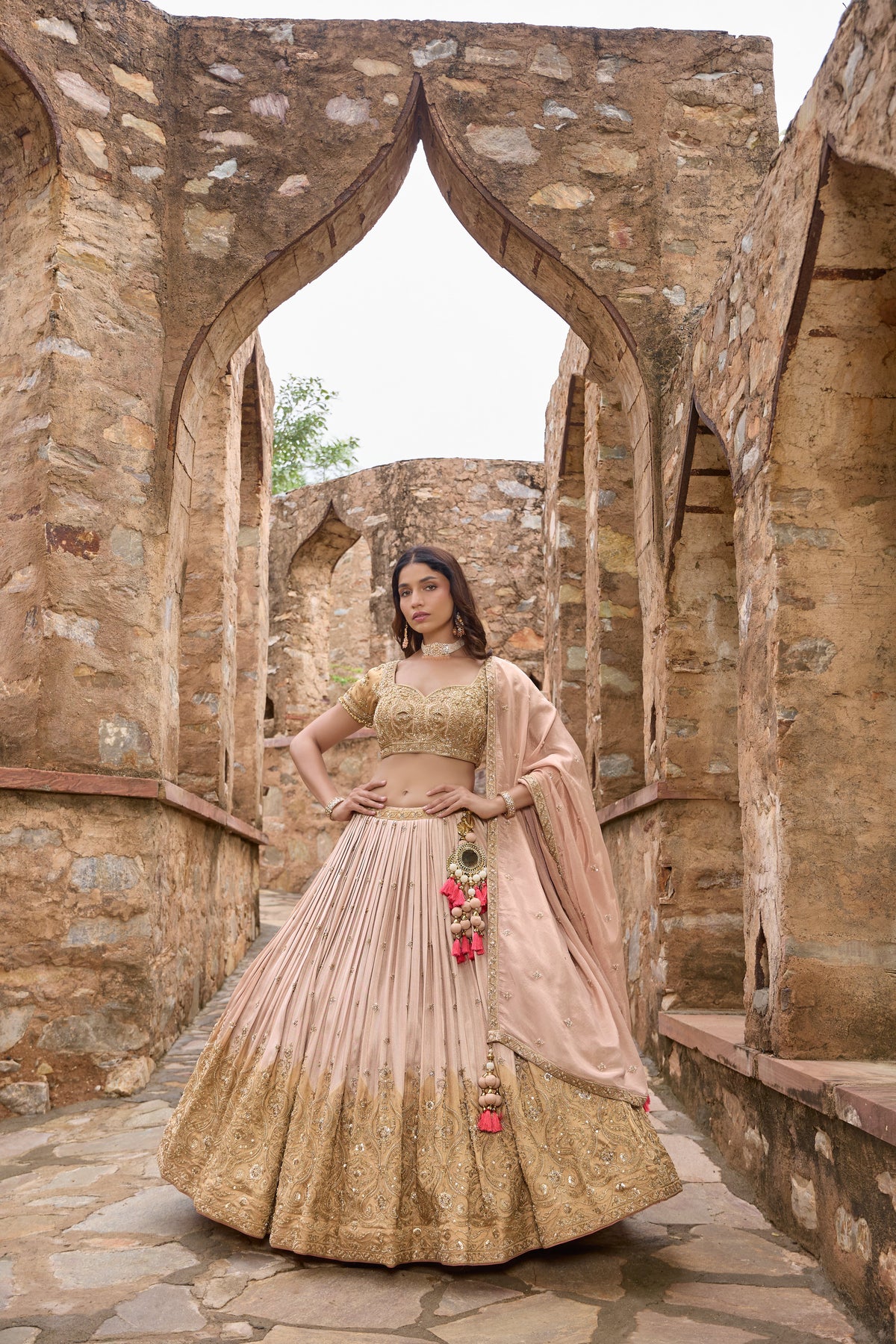 Mishika lehenga, front view with dupatta draped