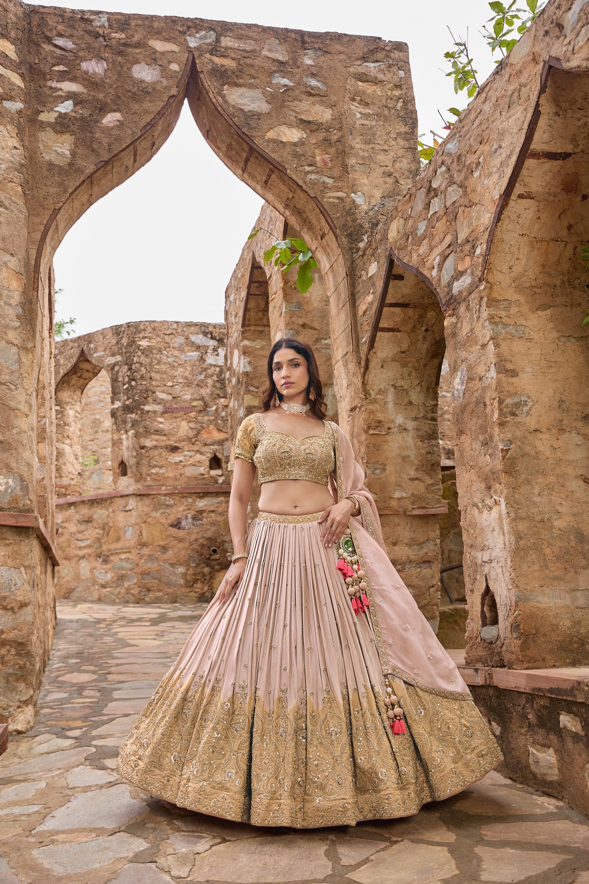 Mishika lehenga, gold embroidered hem