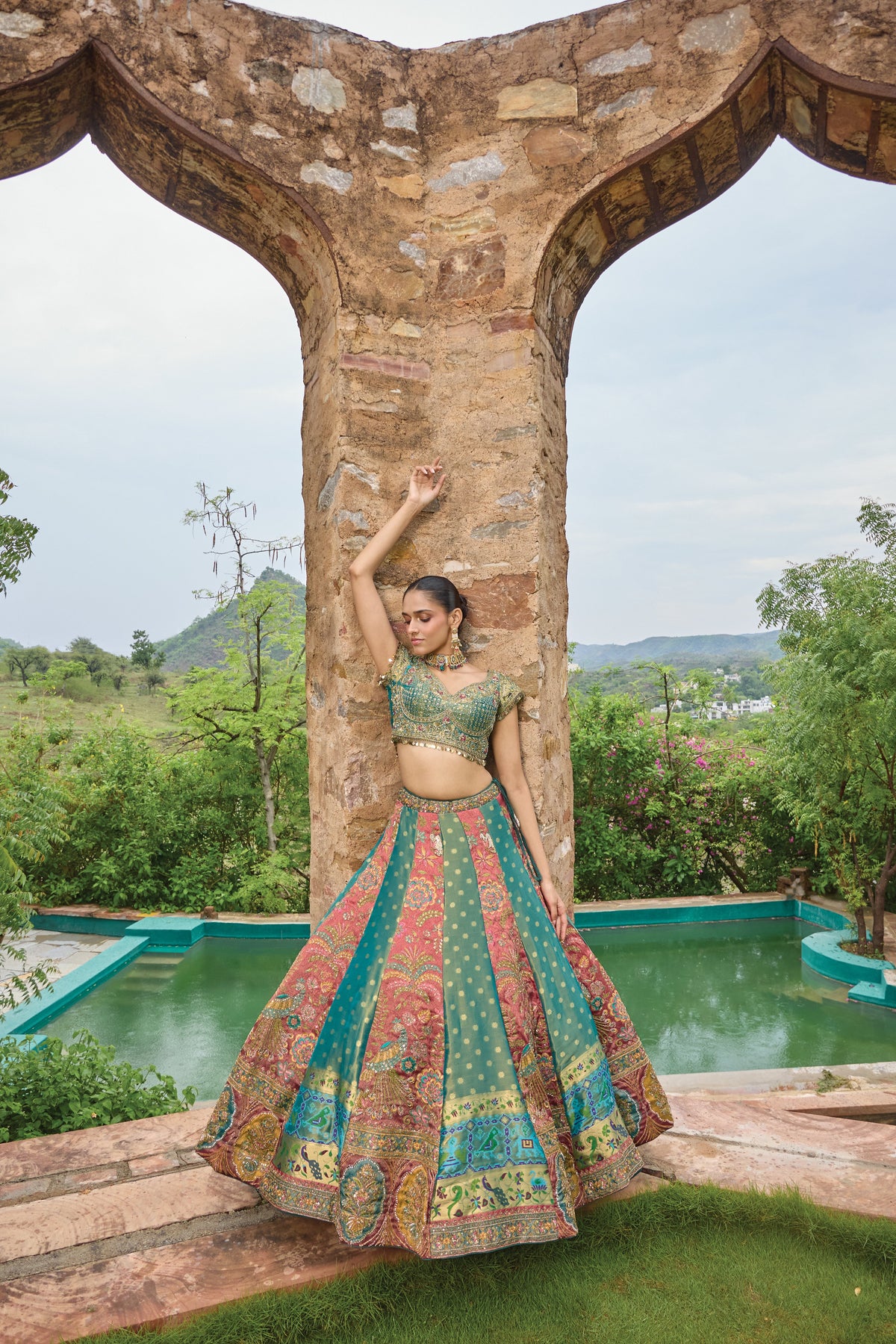 Mishty lehenga with teal banarasi dupatta