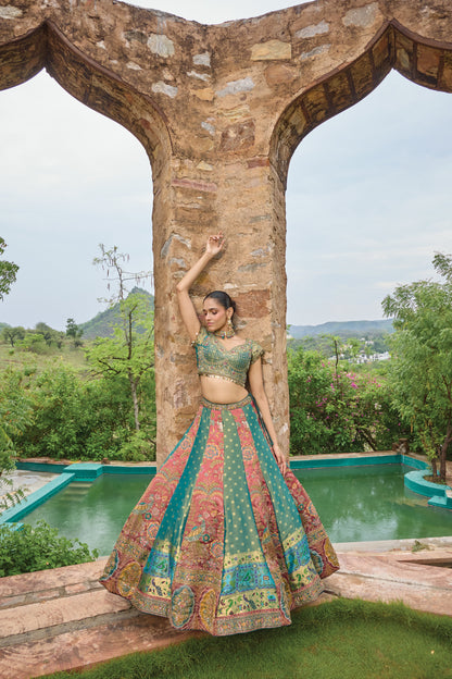 Mishty lehenga with teal banarasi dupatta