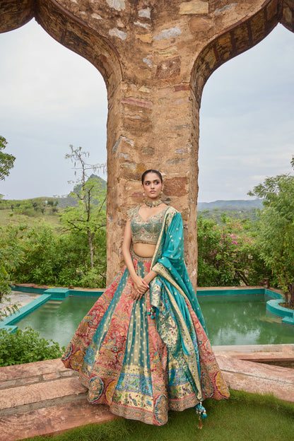 Mishty lehenga, peacock border detail