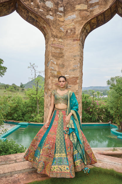 Mishty teal and rose peacock banarasi lehenga set, full length