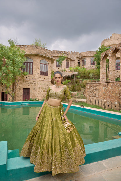 Mokshitha green brocade lehenga with dupatta