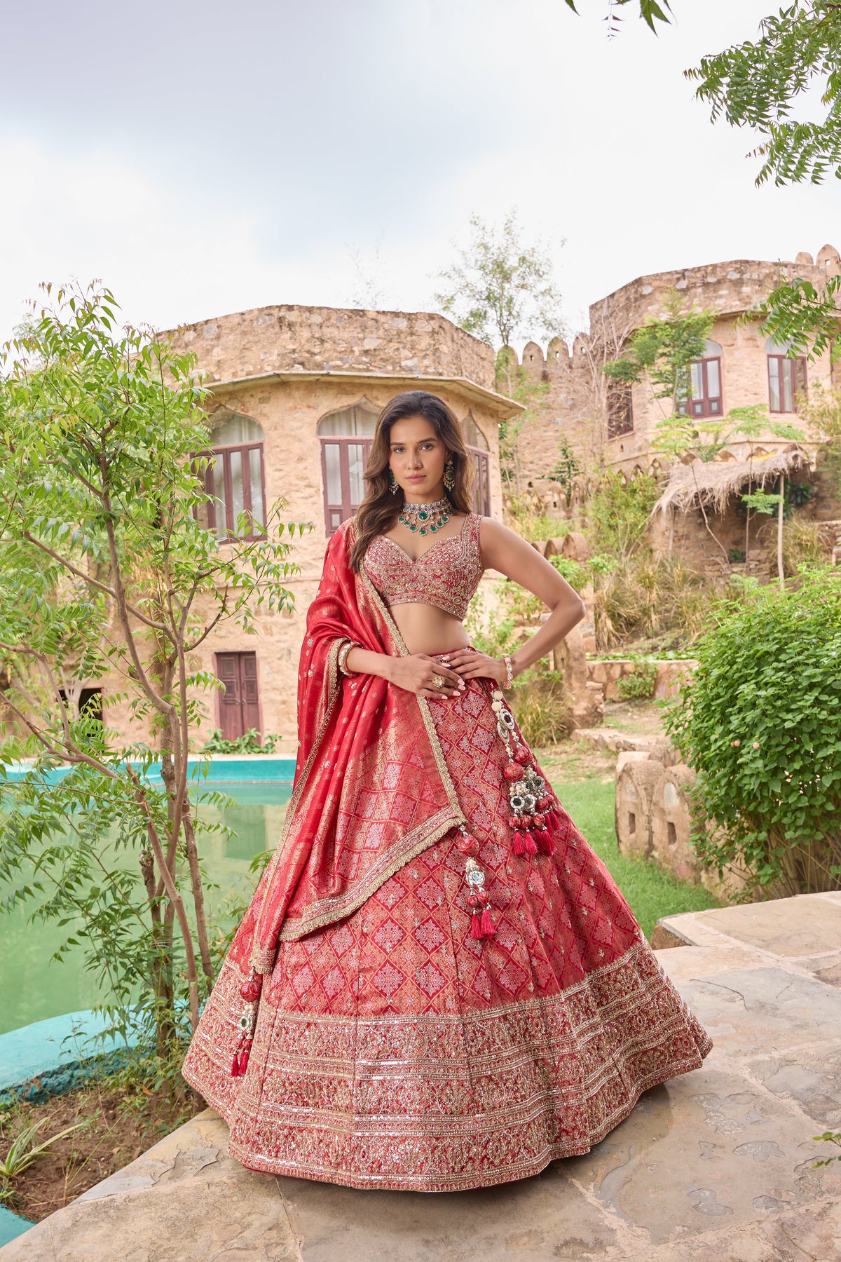 Mysha classic red bridal lehenga set, front view