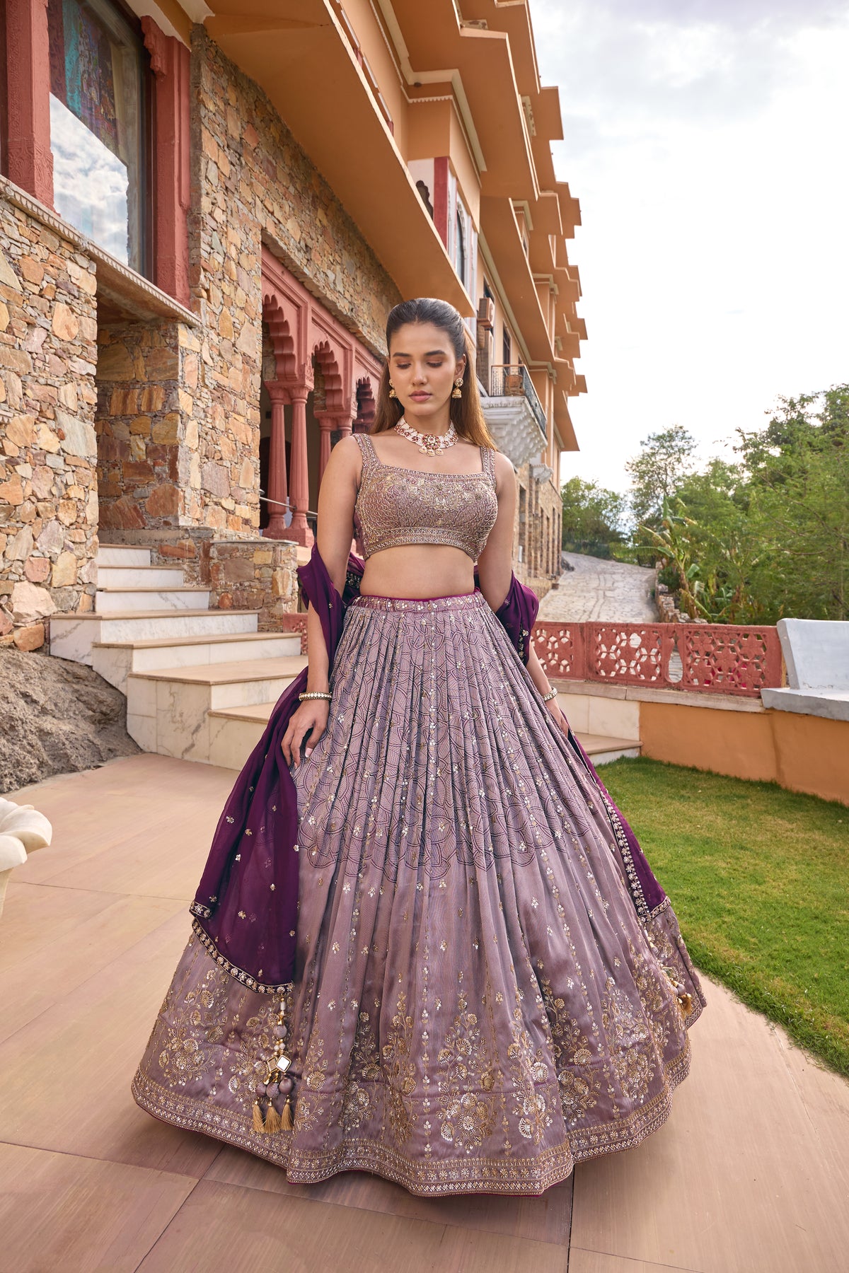 Palkhee mauve and wine ombre lehenga set, full length