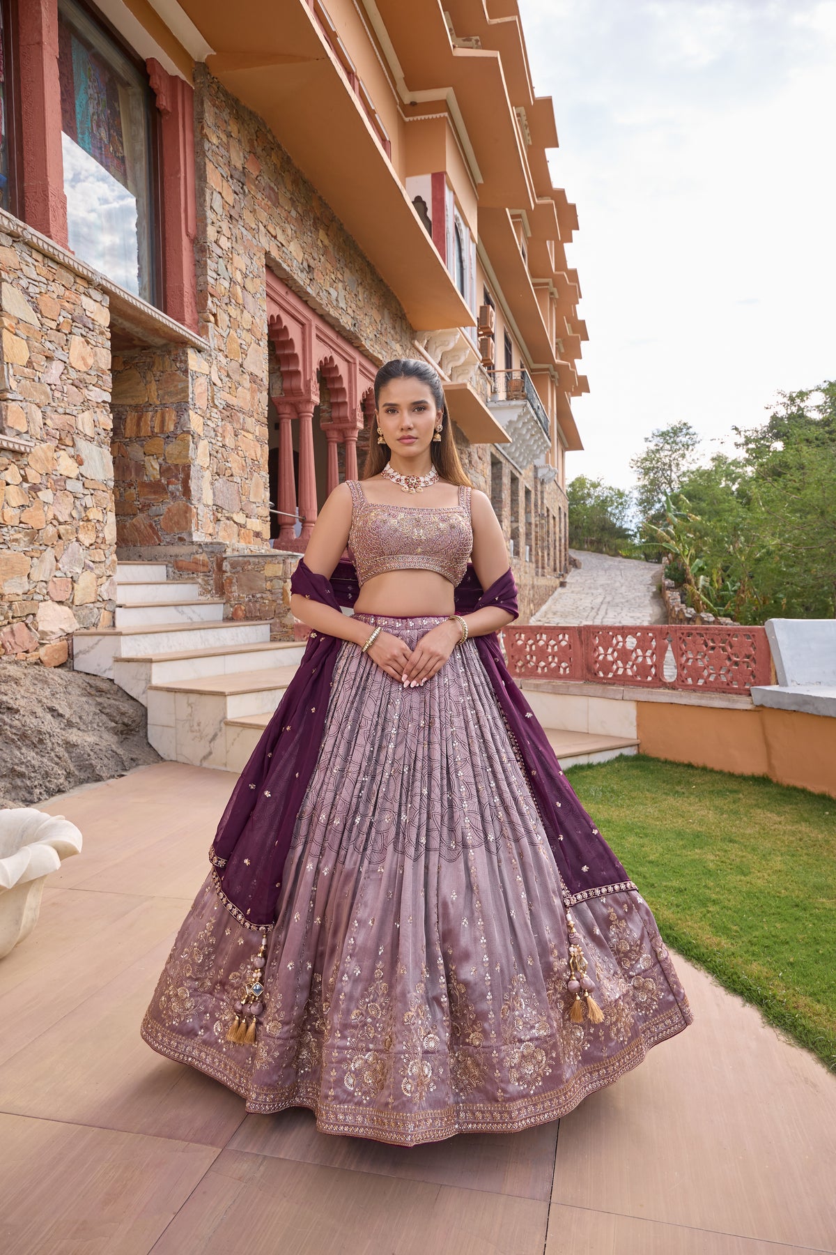 Palkhee lehenga with wine dupatta draped