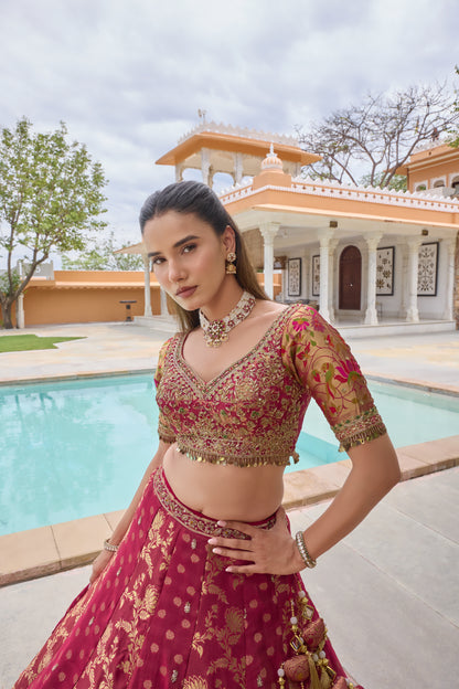 Pall lehenga, embroidered blouse and brocade sleeve detail