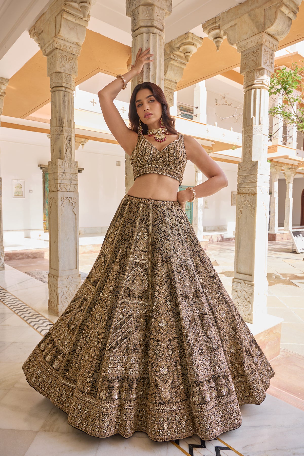 Pallavi black and gold zardozi lehenga set, full length