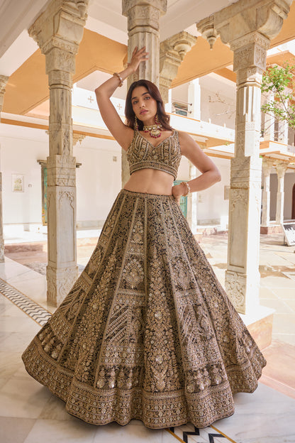 Pallavi black and gold zardozi lehenga set, full length