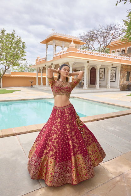 Pall banarasi lehenga, zari and paithani border detail