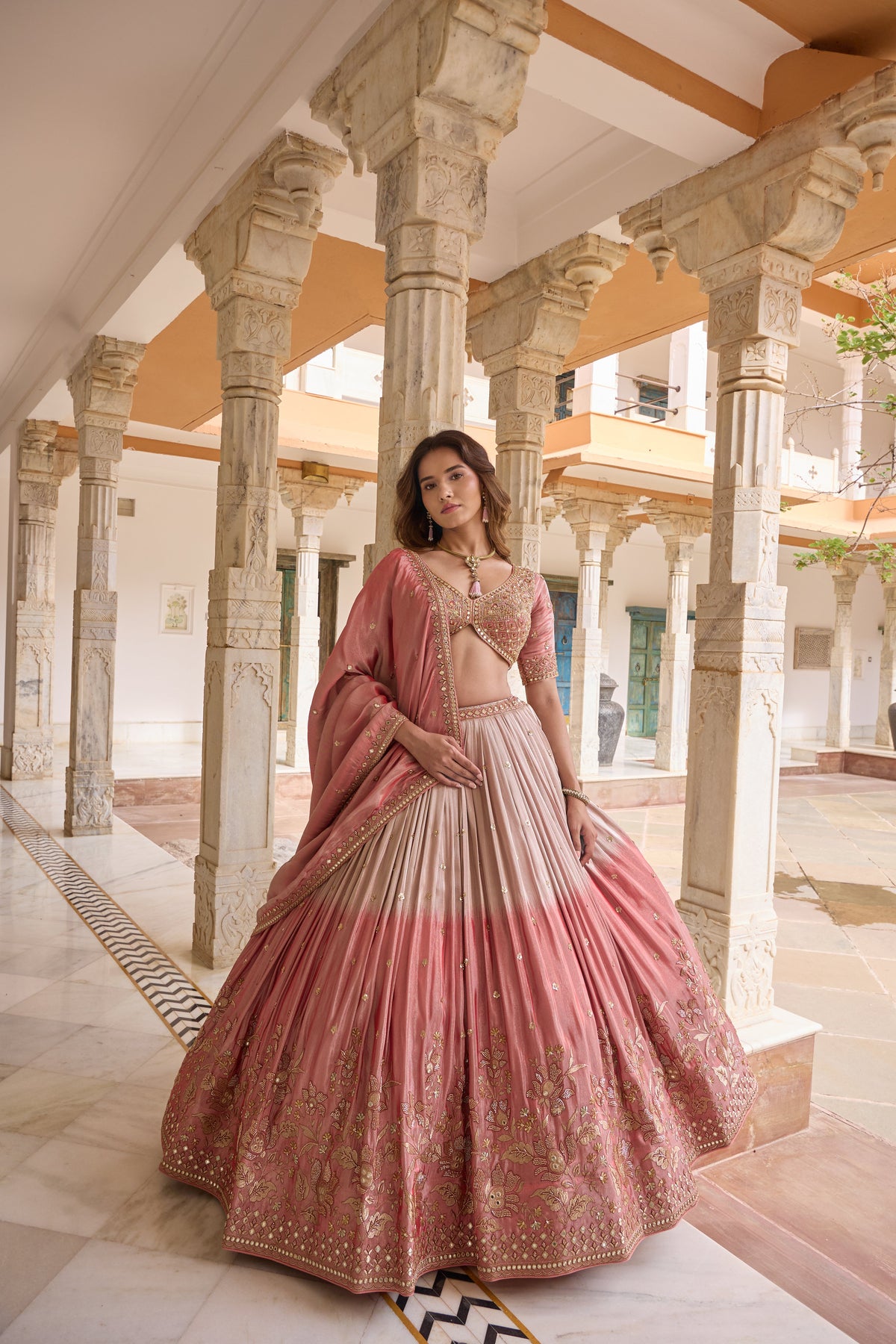 Parinitha blush ombre pleated lehenga set, front view