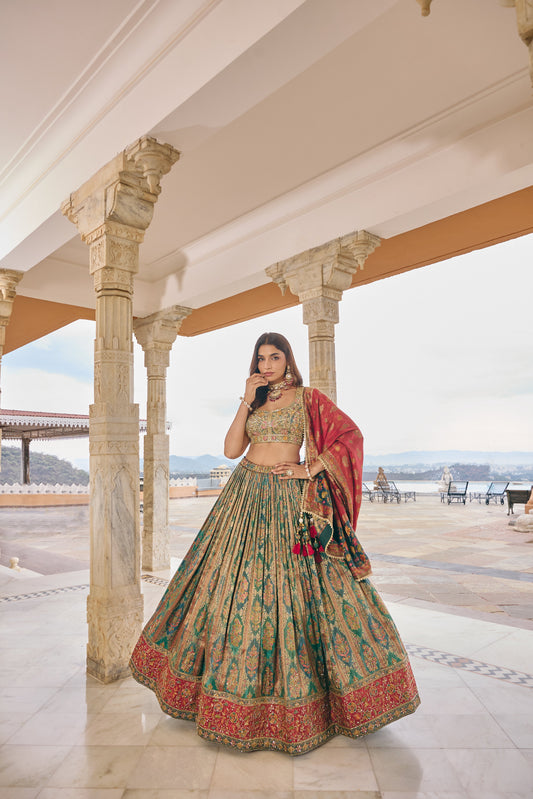 Pari teal mughal print lehenga set, front view