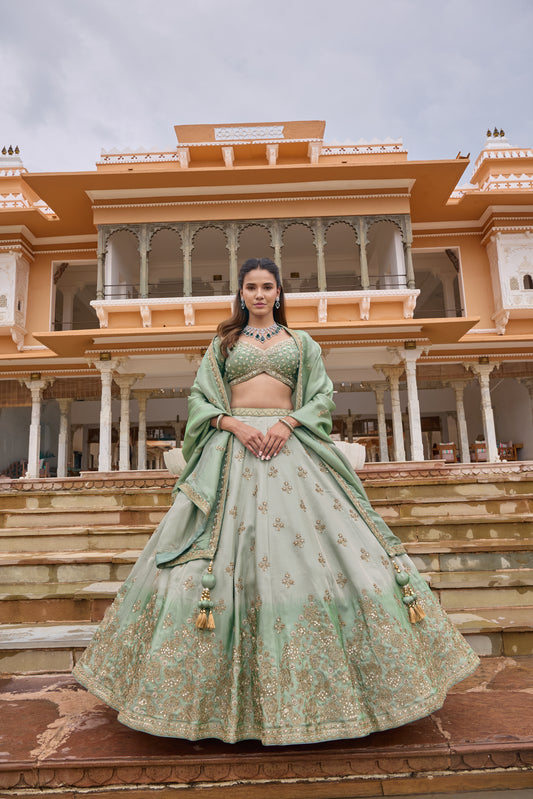 Paryushi pista green embroidered lehenga set, full length