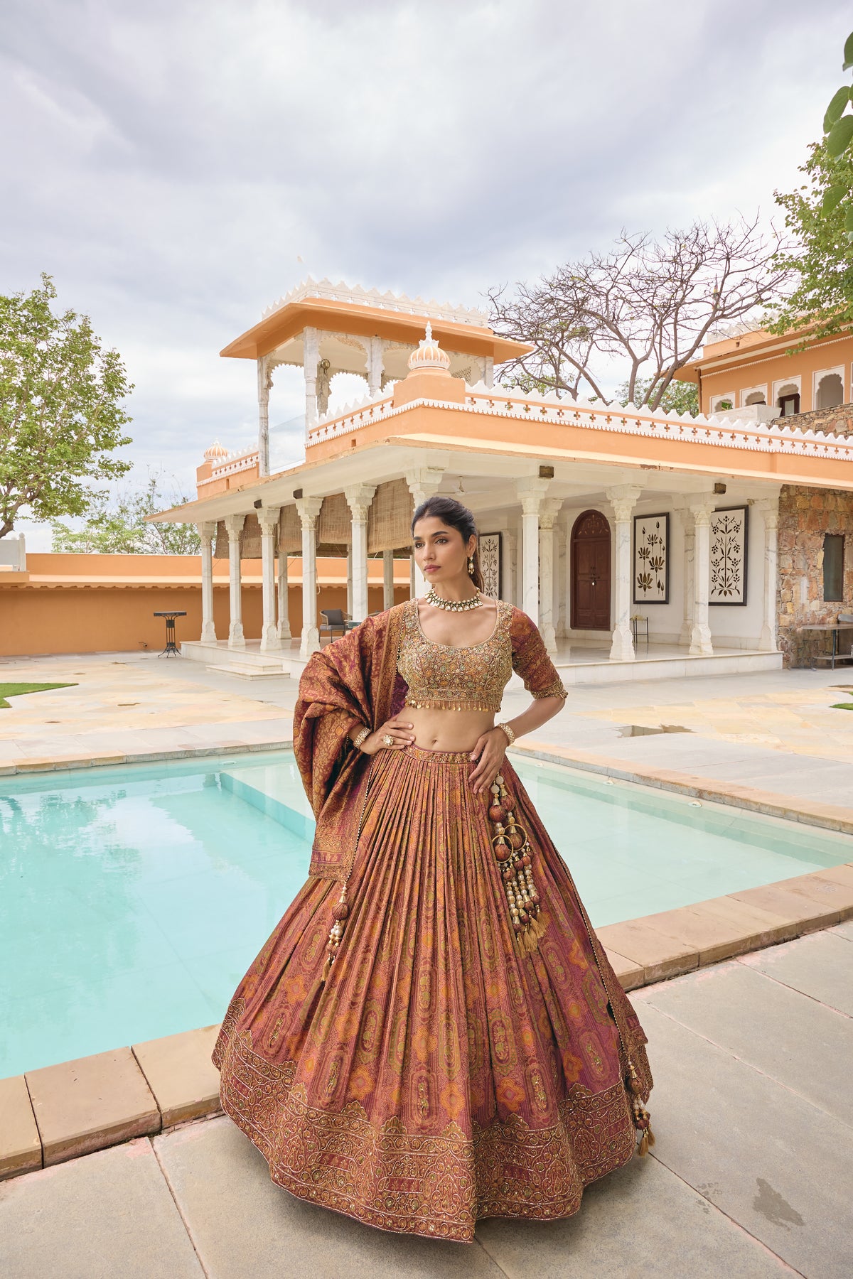 Patralekha lehenga with wine dupatta over the shoulder