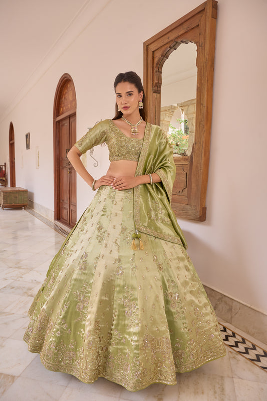 Pragnika olive green tissue lehenga set, full length
