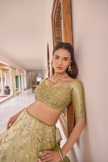 Pragnika lehenga, beaded blouse and embroidered sleeve detail