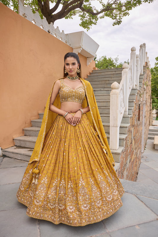 Preksha mustard floral printed lehenga set, full length with dupatta