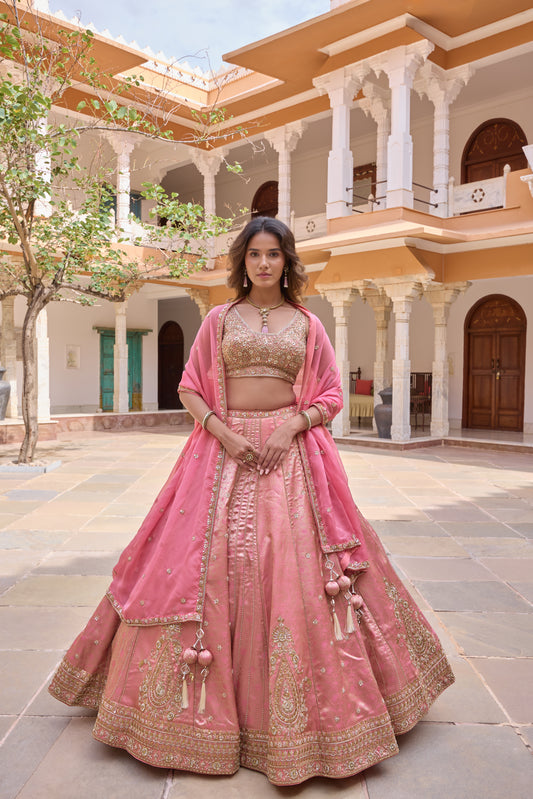 Prerna blush pink brocade kalidar lehenga set, full length with dupatta