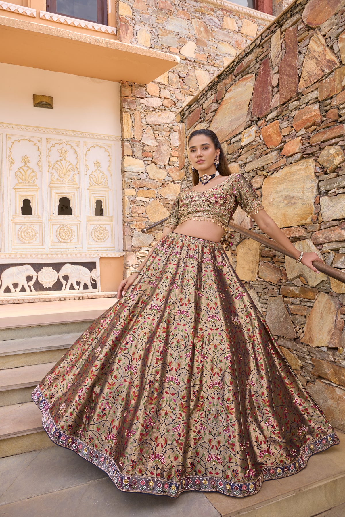 Priyah lehenga without dupatta, woven lotus jaal and beaded border