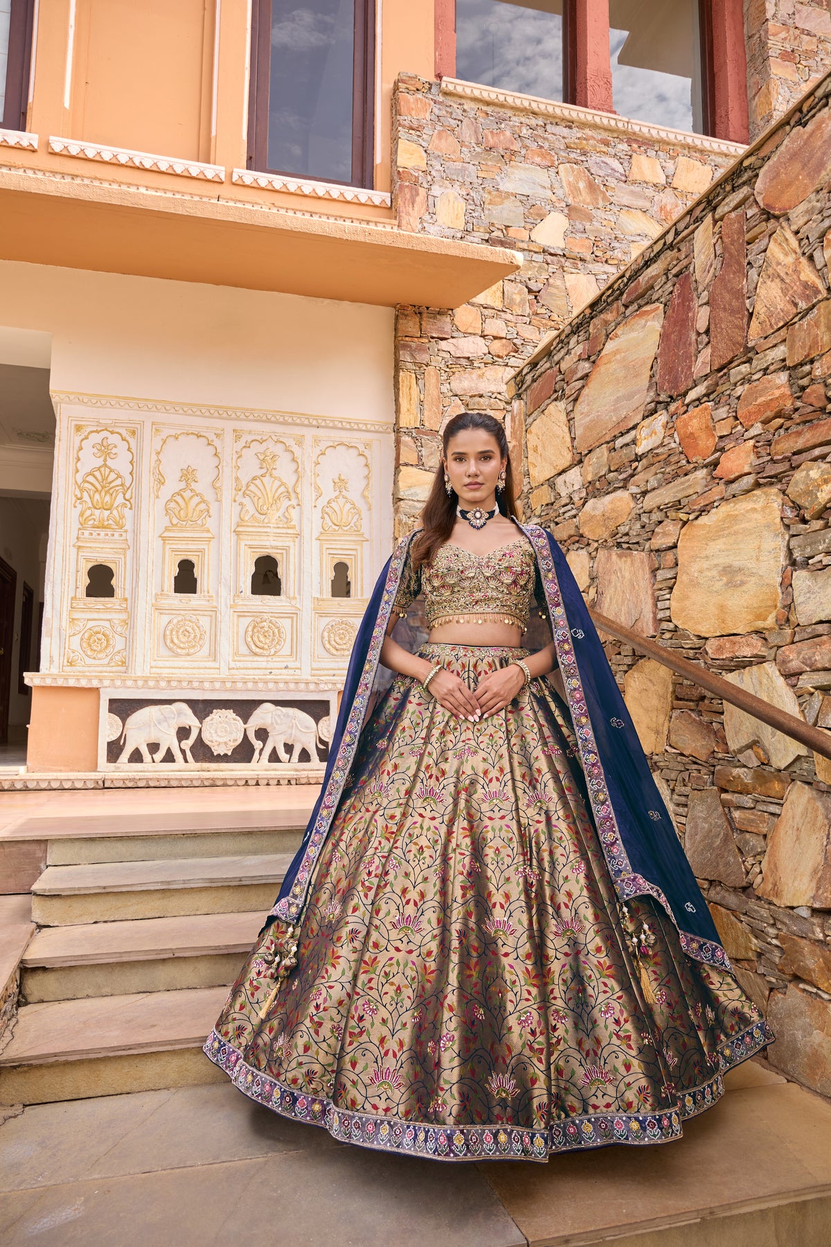 Priyah antique gold and navy banarasi lehenga set, full length with dupatta