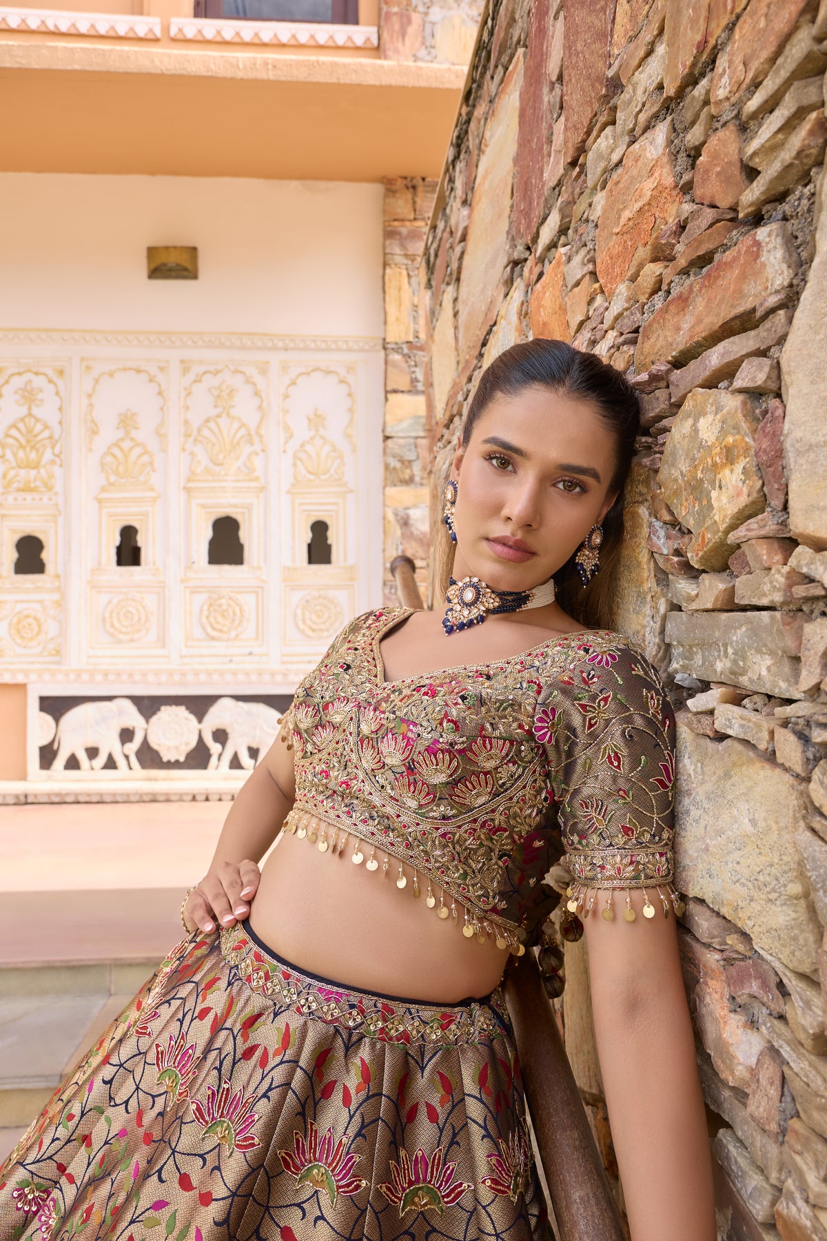 Priyah lehenga, zardozi blouse and coin fringe detail