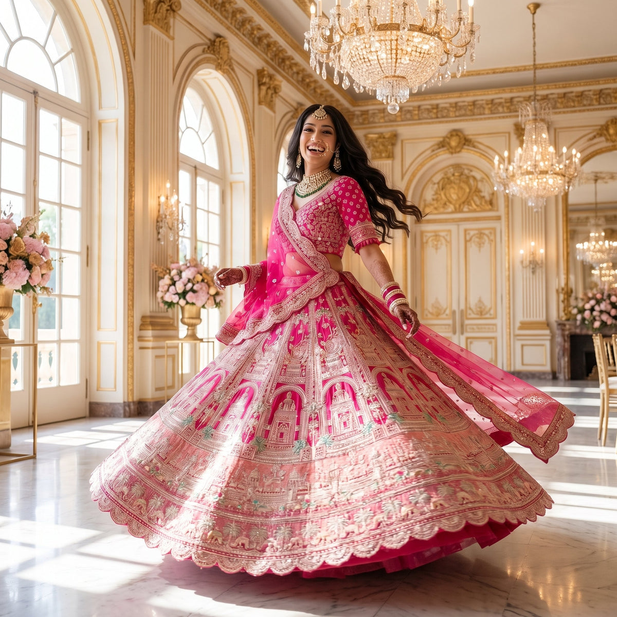 Hot pink palace motif bridal lehenga set in a twirl, net dupatta flying