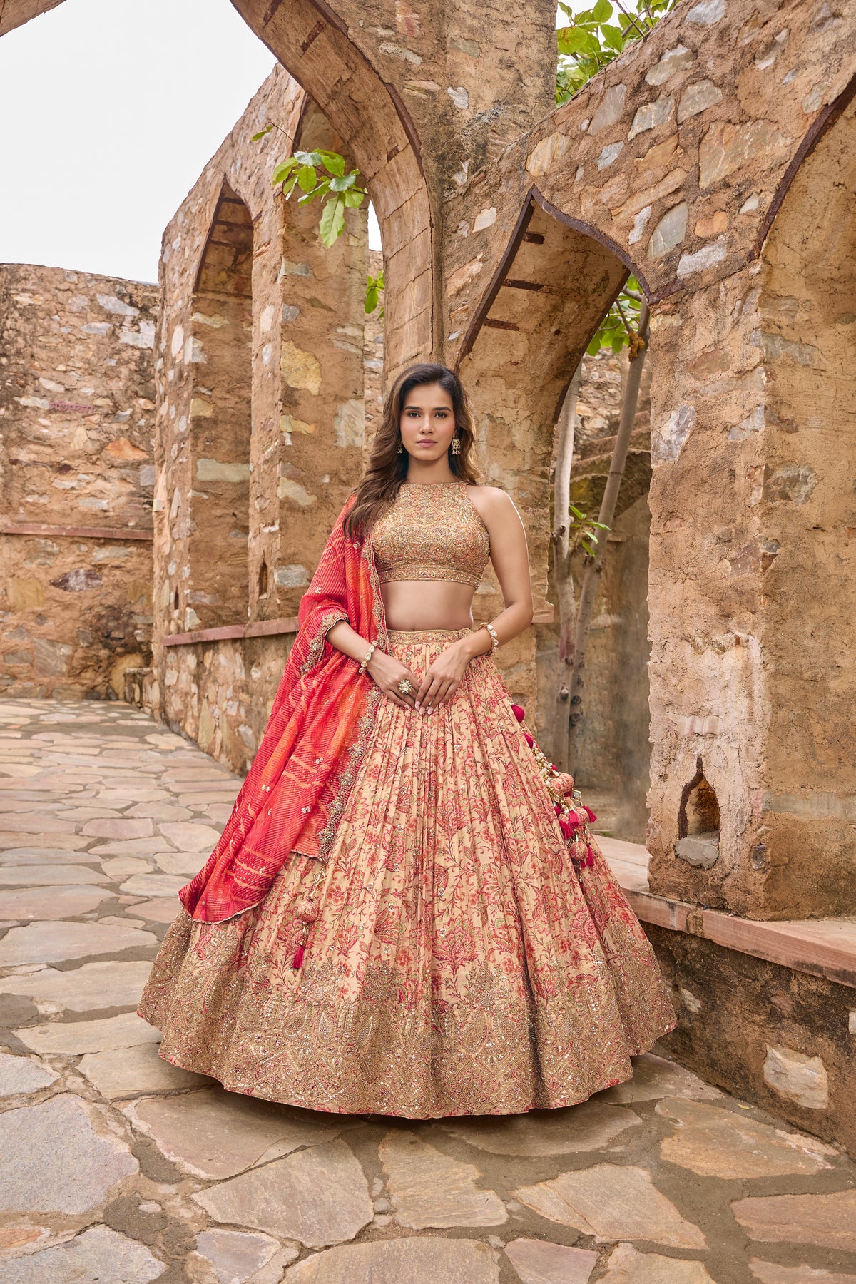 Saesha peach and coral floral printed lehenga set, full length with dupatta