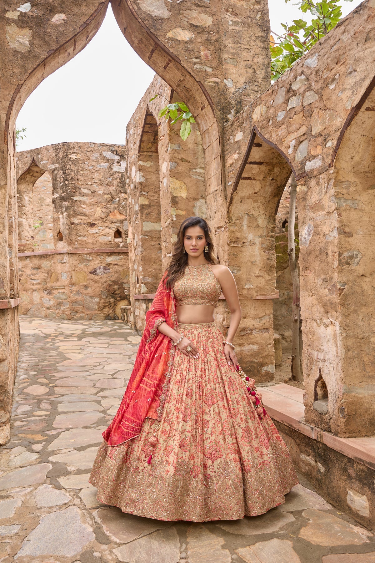 Saesha lehenga with leheriya dupatta over the shoulder
