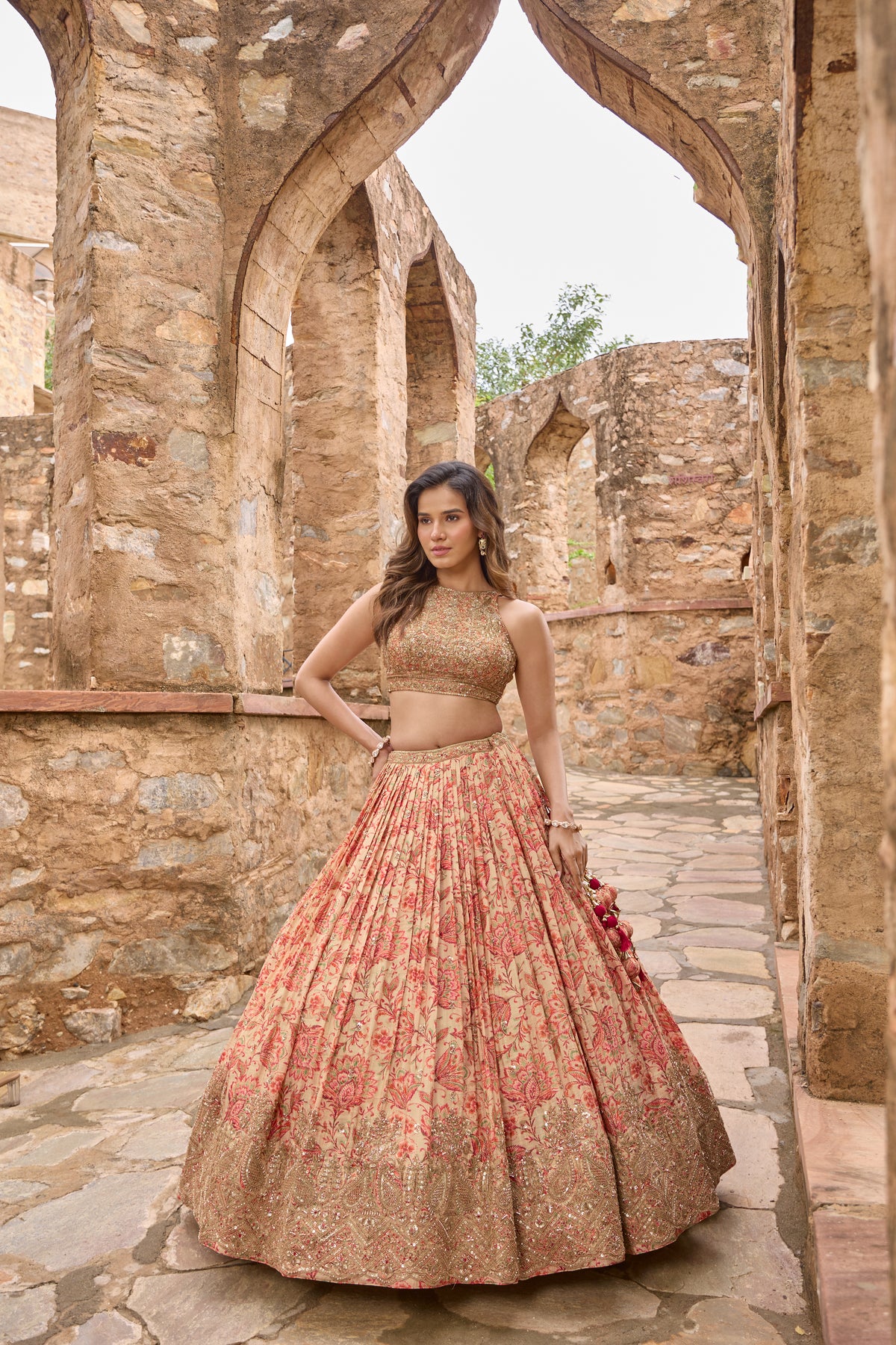 Saesha lehenga without dupatta, printed pleats and embroidered hem