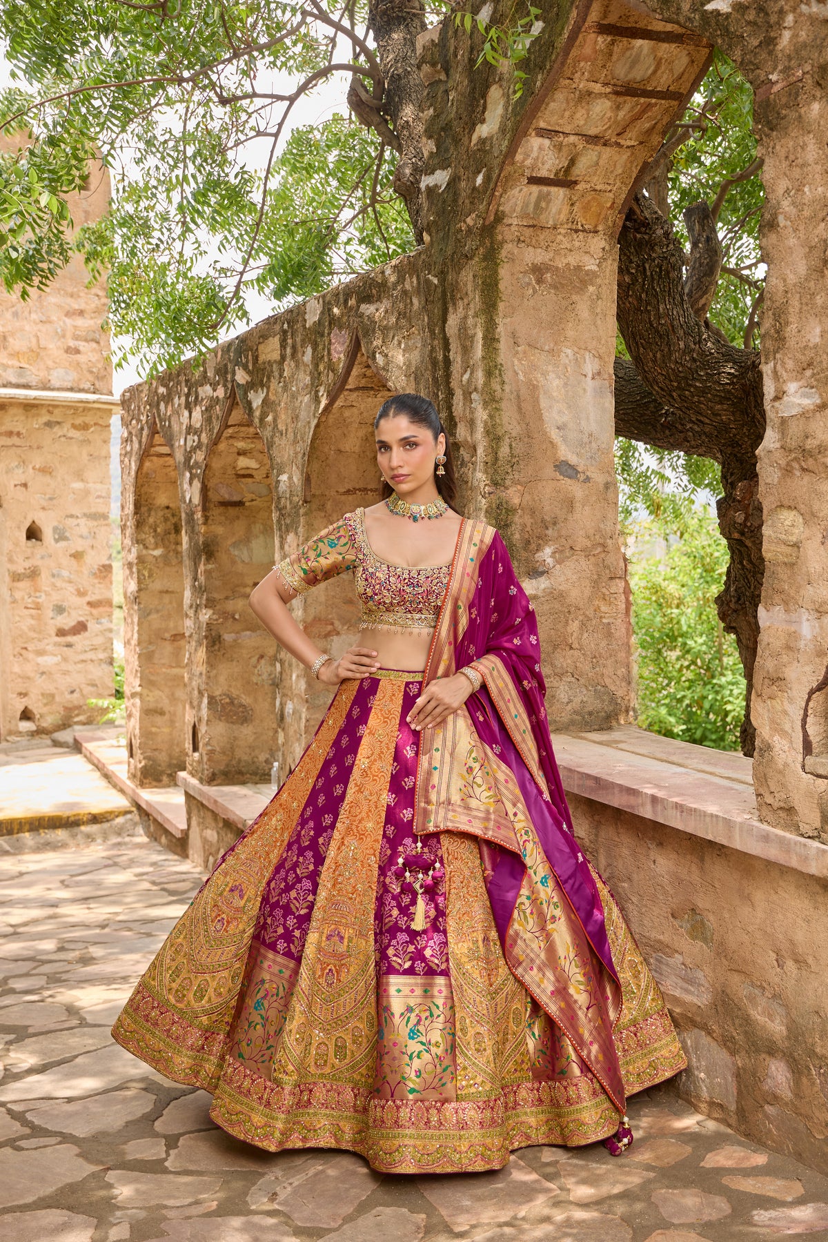 Sameeksha magenta and orange paithani lehenga set, full length with dupatta