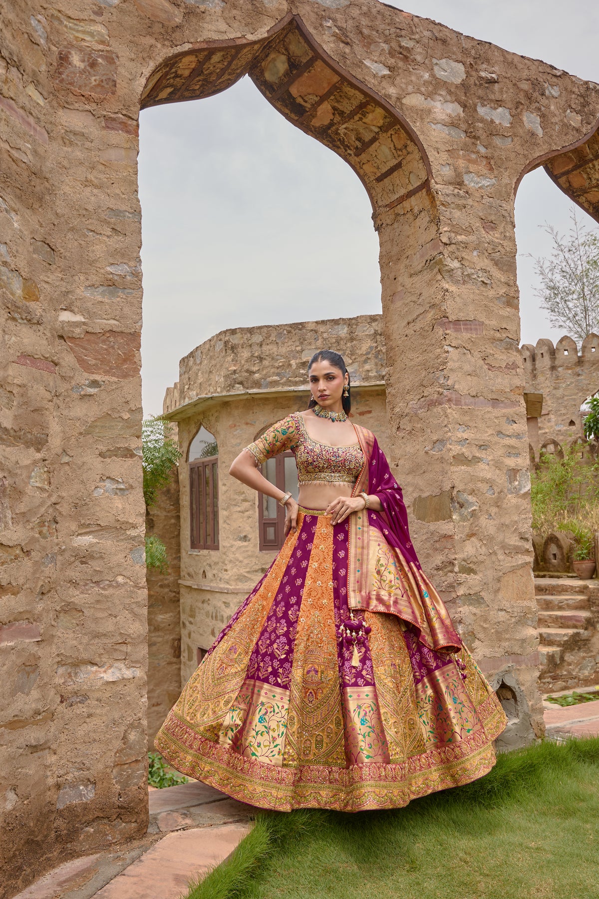 Sameeksha lehenga with paithani-bordered magenta dupatta