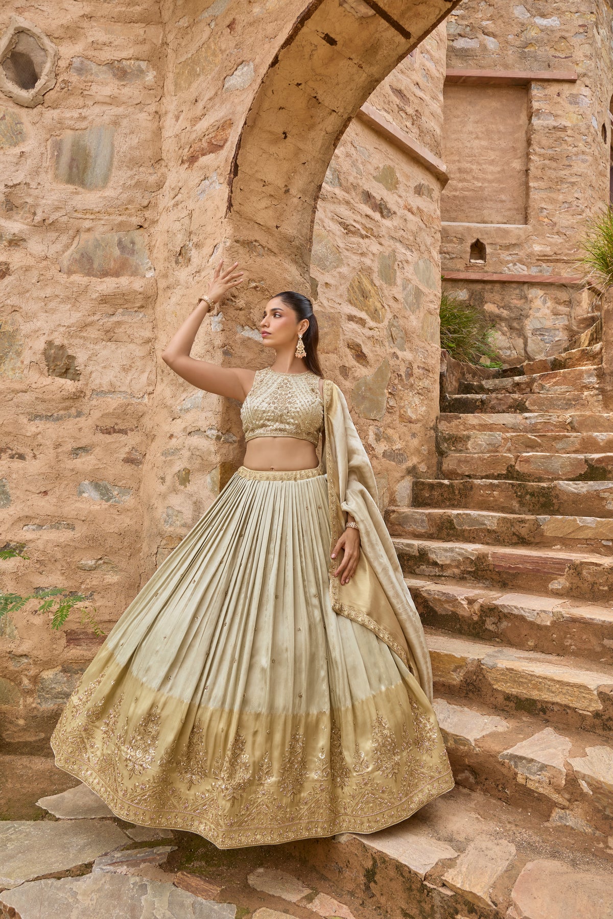 Shrestha lehenga in motion, ombre hem and gold dupatta
