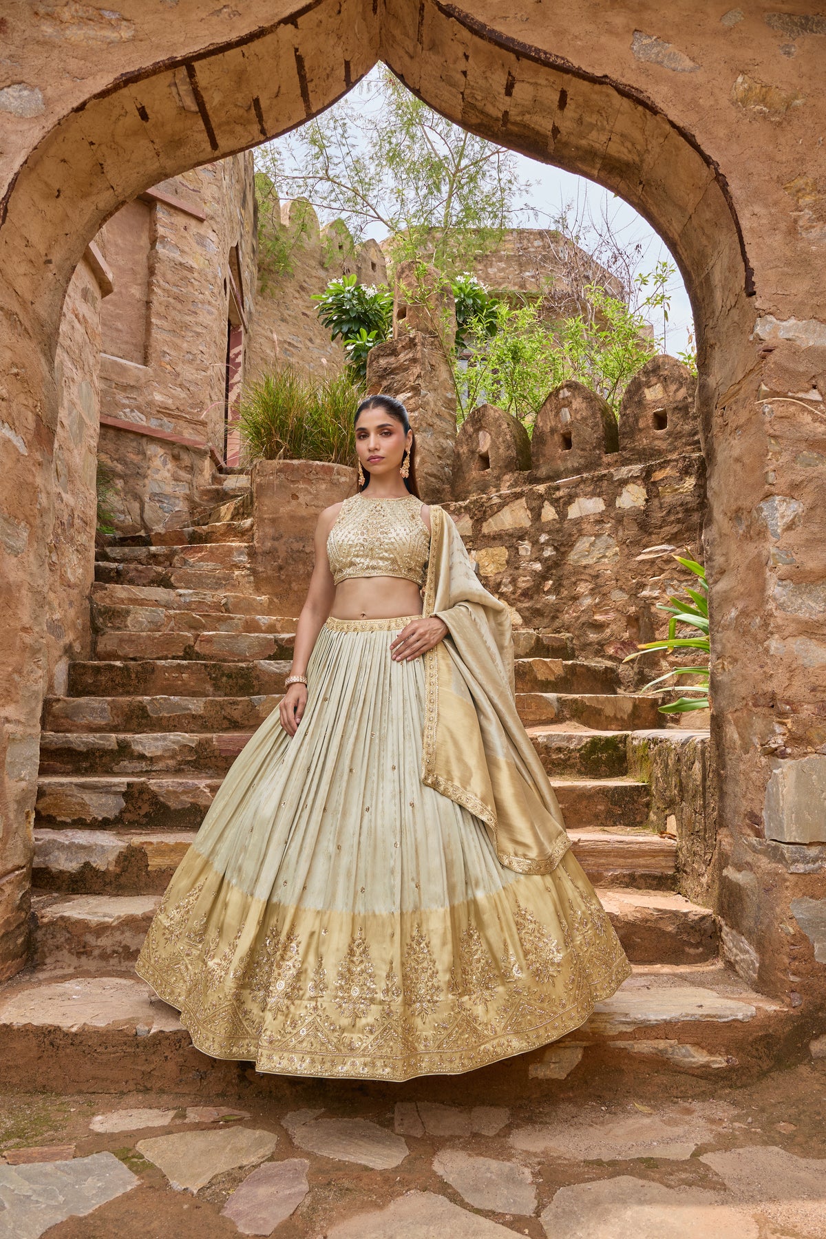 Shrestha sage and gold ombre lehenga set, full length with dupatta
