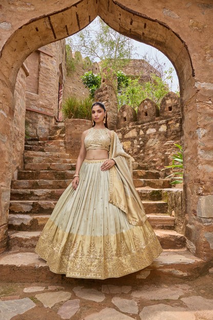 Shrestha sage and gold ombre lehenga set, full length with dupatta