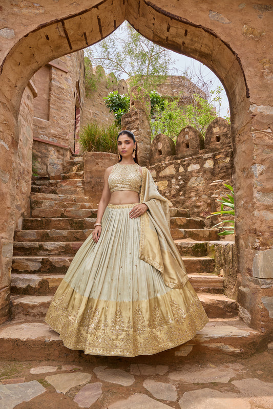 Shrestha sage and gold ombre lehenga set, full length with dupatta