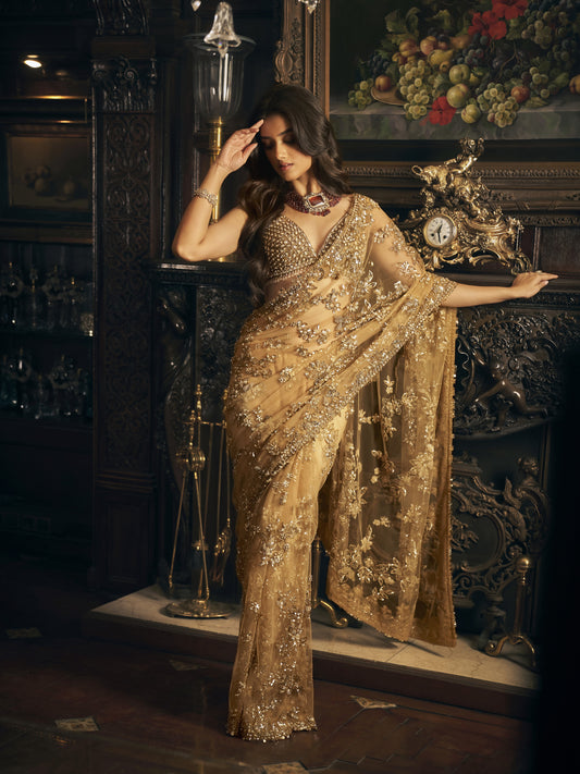 Gold Net Saree