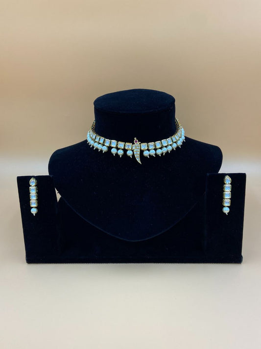 White and Blue Kundan Choker Set