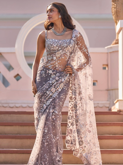 Stone Grey Multi-Coloured Floral Saree