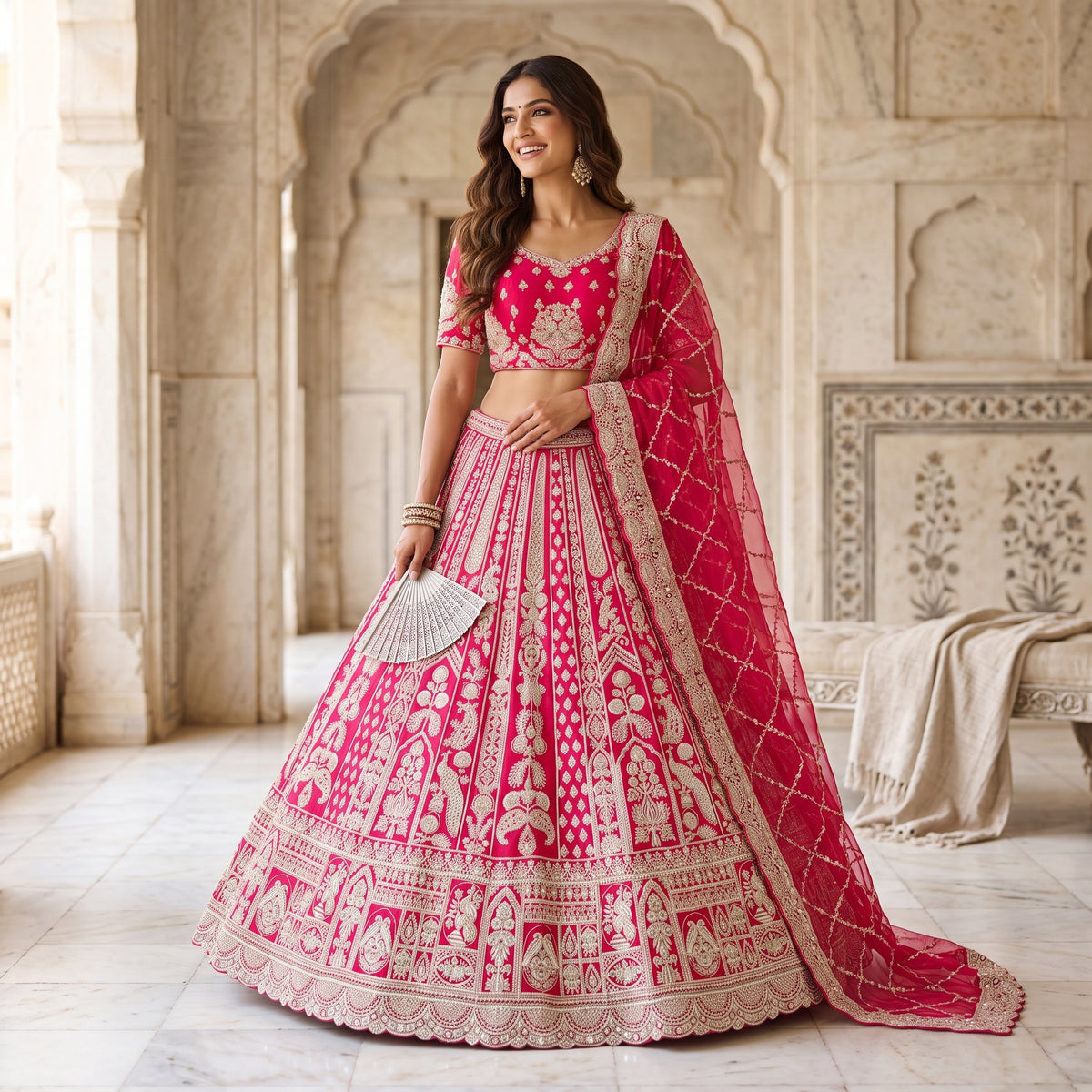 Rani pink and silver embroidered bridal lehenga set, full length with net dupatta