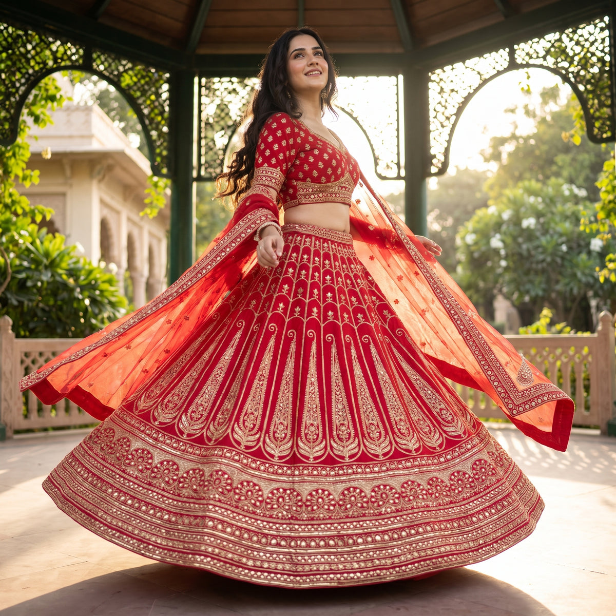 Red and gold zari bridal lehenga set in a twirl, net dupatta flying