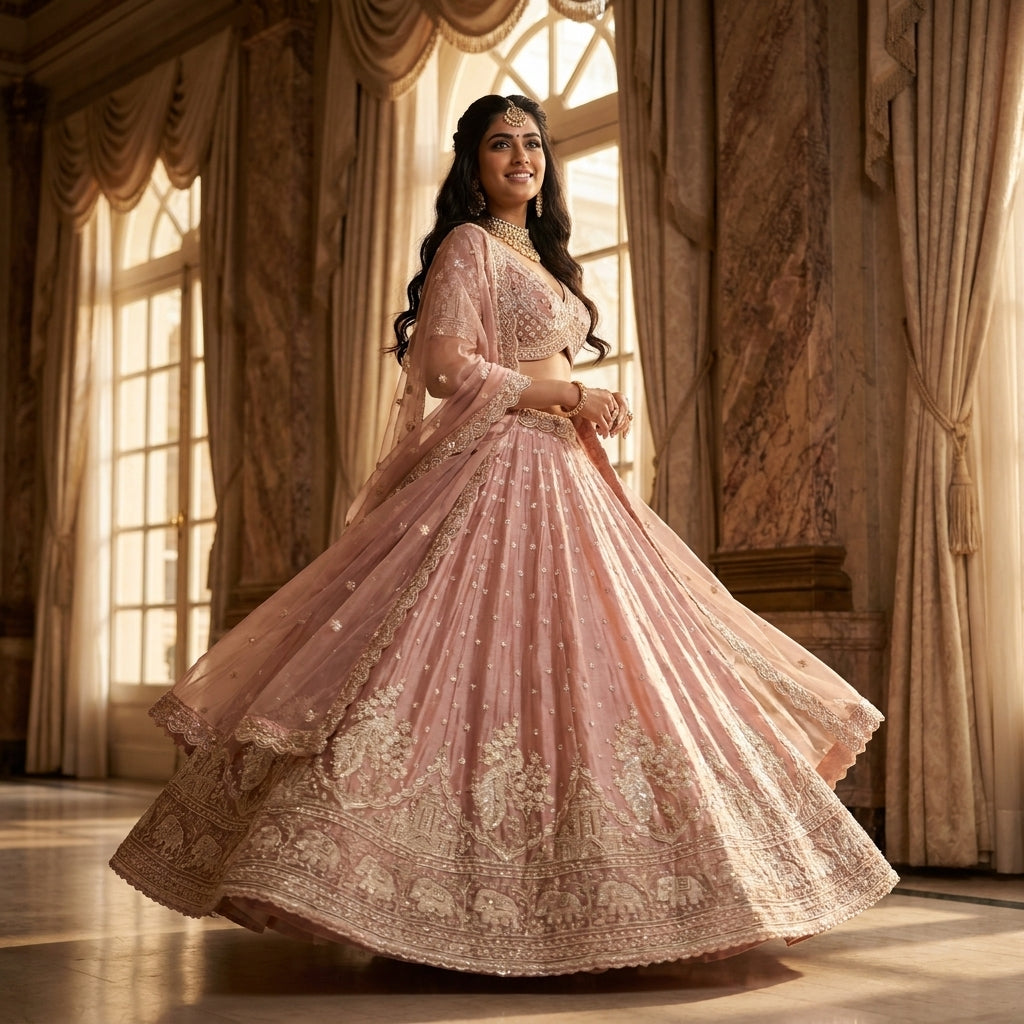 Dusty pink elephant motif bridal lehenga set in a twirl with net dupatta